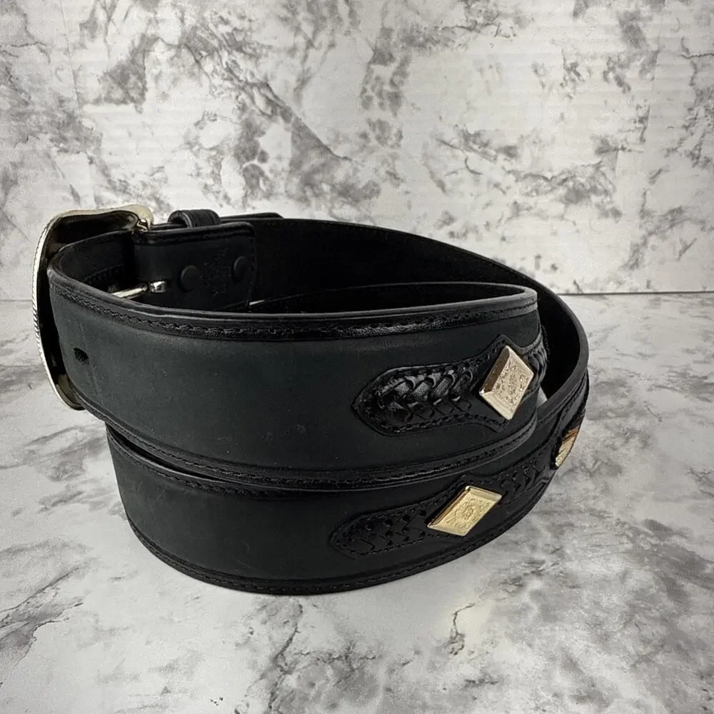 3D Mens Diamond Concho Embroidered Western Black Leather‎ Belt Size 40